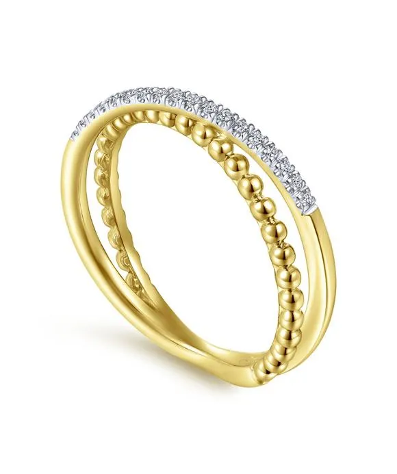 14K Yellow Gold Beaded Pave Diamond Criss Cross Ring