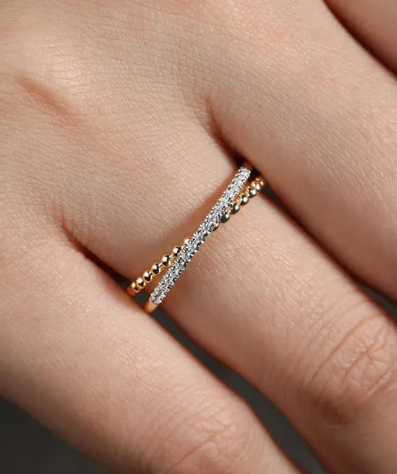 14K Yellow Gold Beaded Pave Diamond Criss Cross Ring