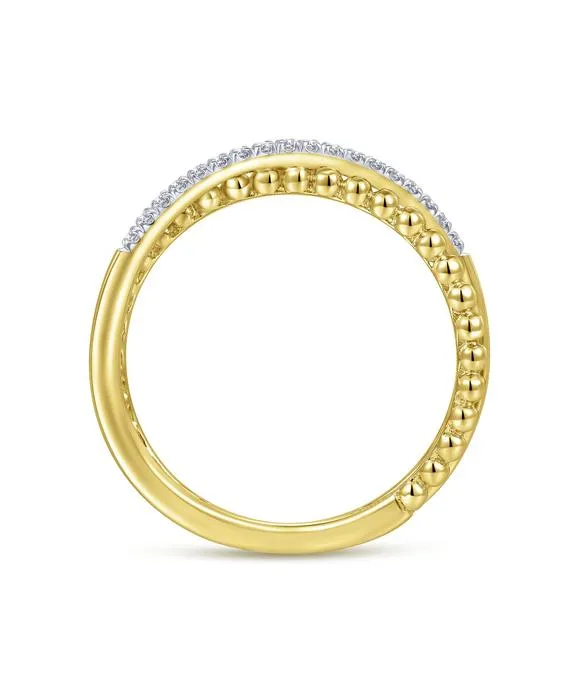 14K Yellow Gold Beaded Pave Diamond Criss Cross Ring