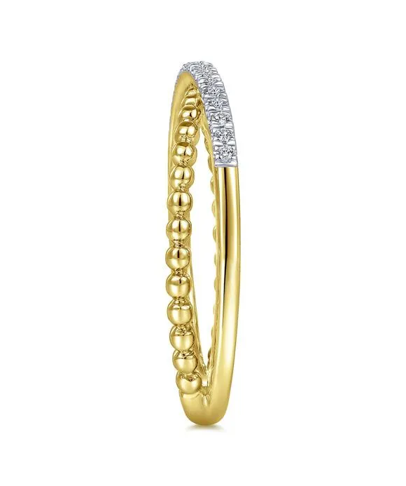 14K Yellow Gold Beaded Pave Diamond Criss Cross Ring