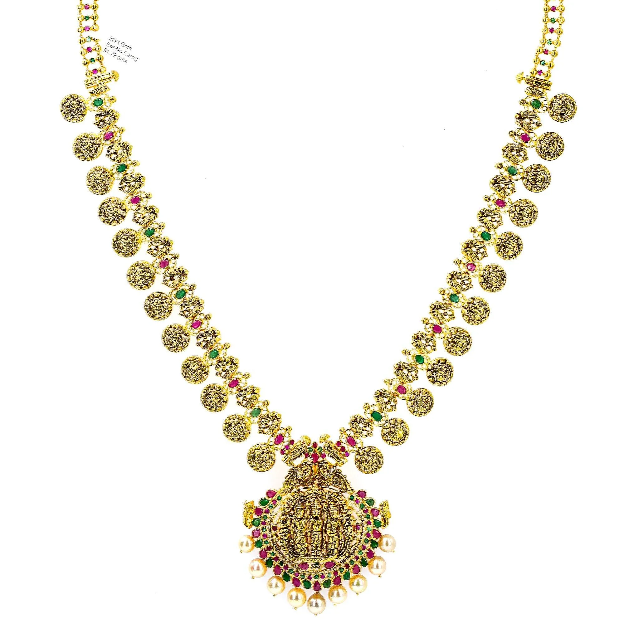 22K Yellow Antique Gold Ram Parivar Haaram Necklace W/ Emeralds, Rubies, Pearls & Ram Parivar Kasu