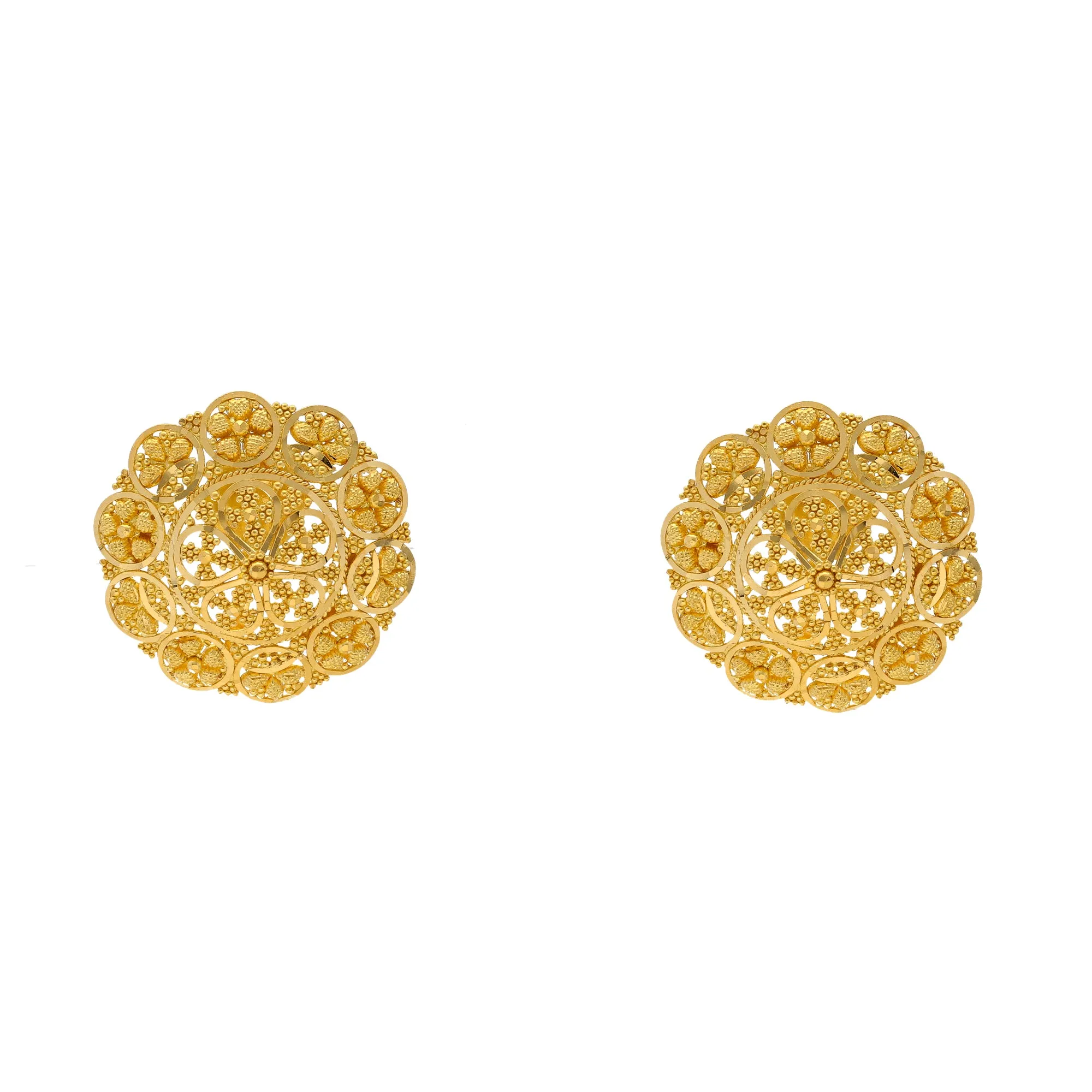 22K Yellow Gold Round Filigree Stud Earrings (10.4gm)