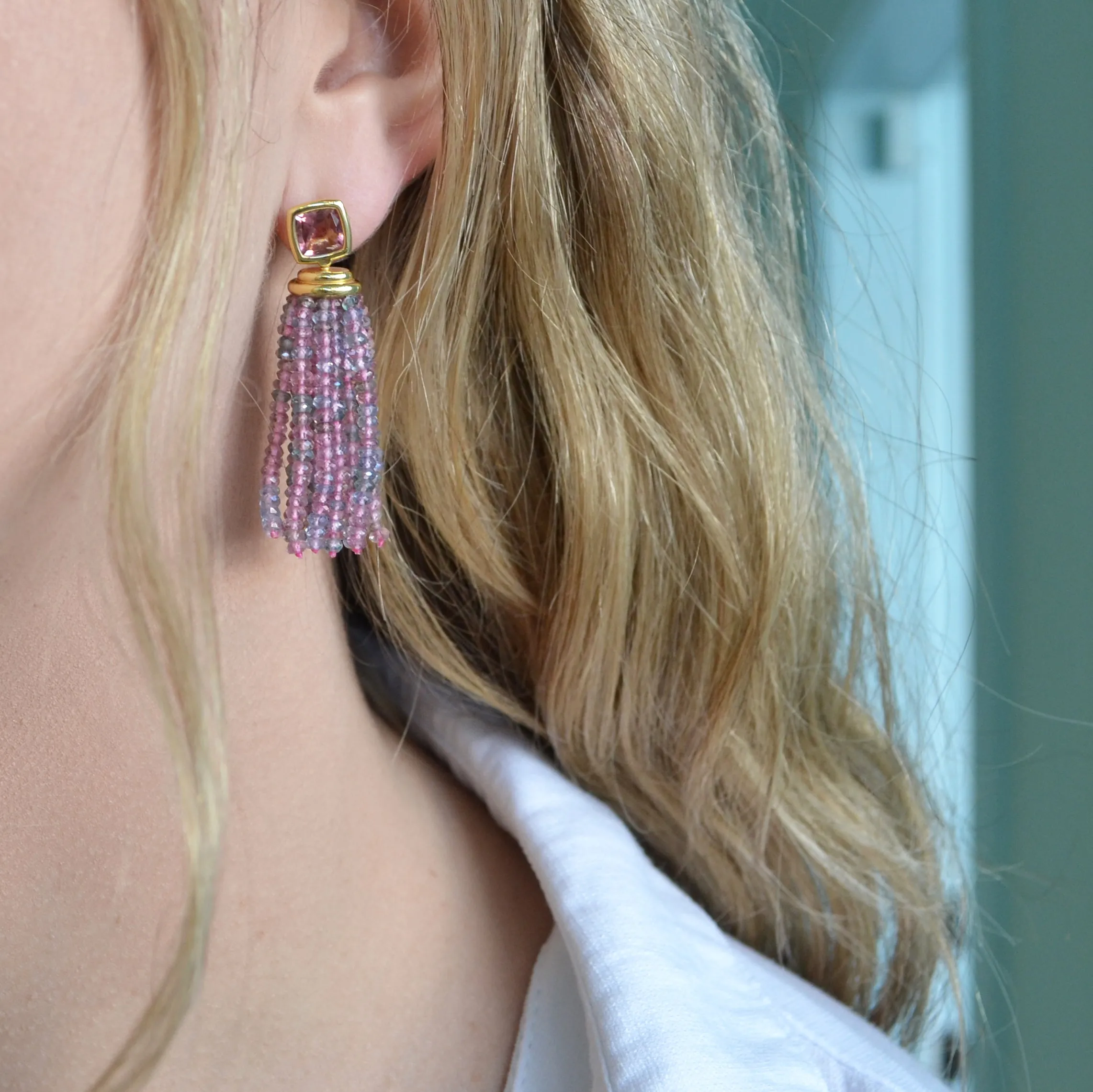 A & Furst - Gaia - Drop Tassel Earrings with Pink Tourmaline and Multicolor Tourmalines, 18k Yellow Gold