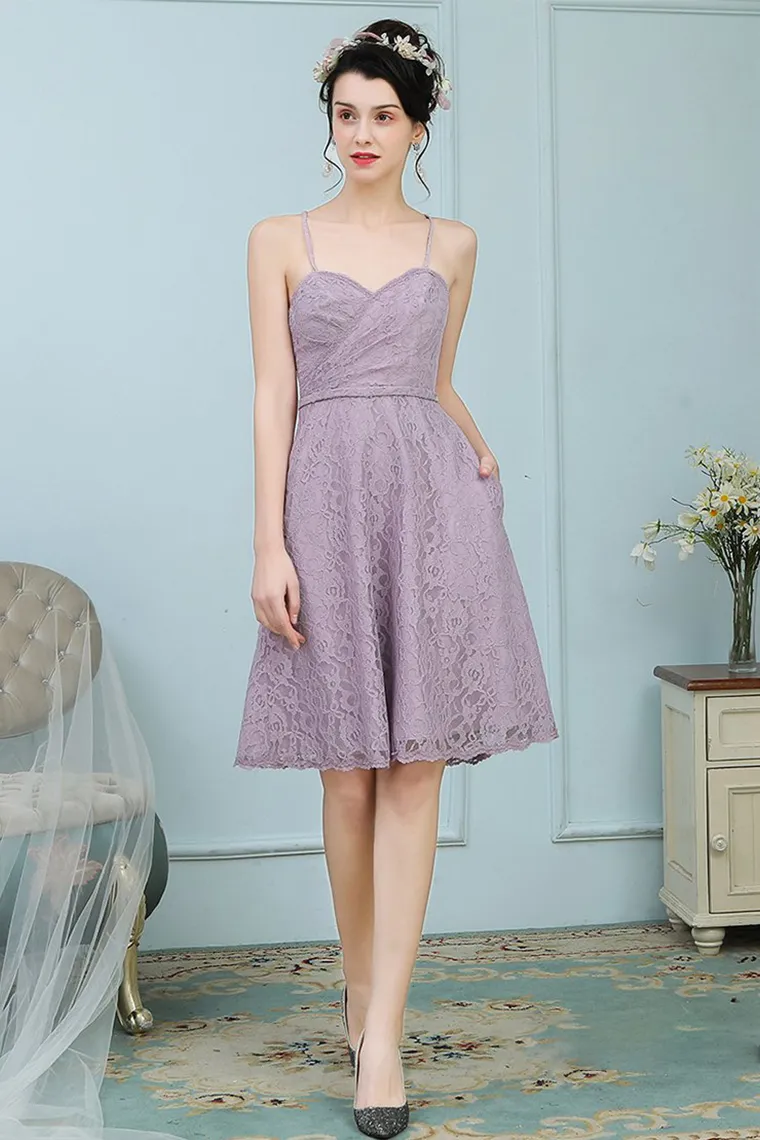 Aaliyah A-Line/Princess Natural Waist Knee Length Sleeveless Lace Spaghetti Straps Bridesmaid Dresses