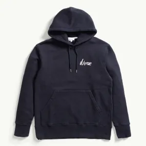 ARNE RELAXED ORGANIC CHAIN STITCH LOGO HOODIE DARK NAVY