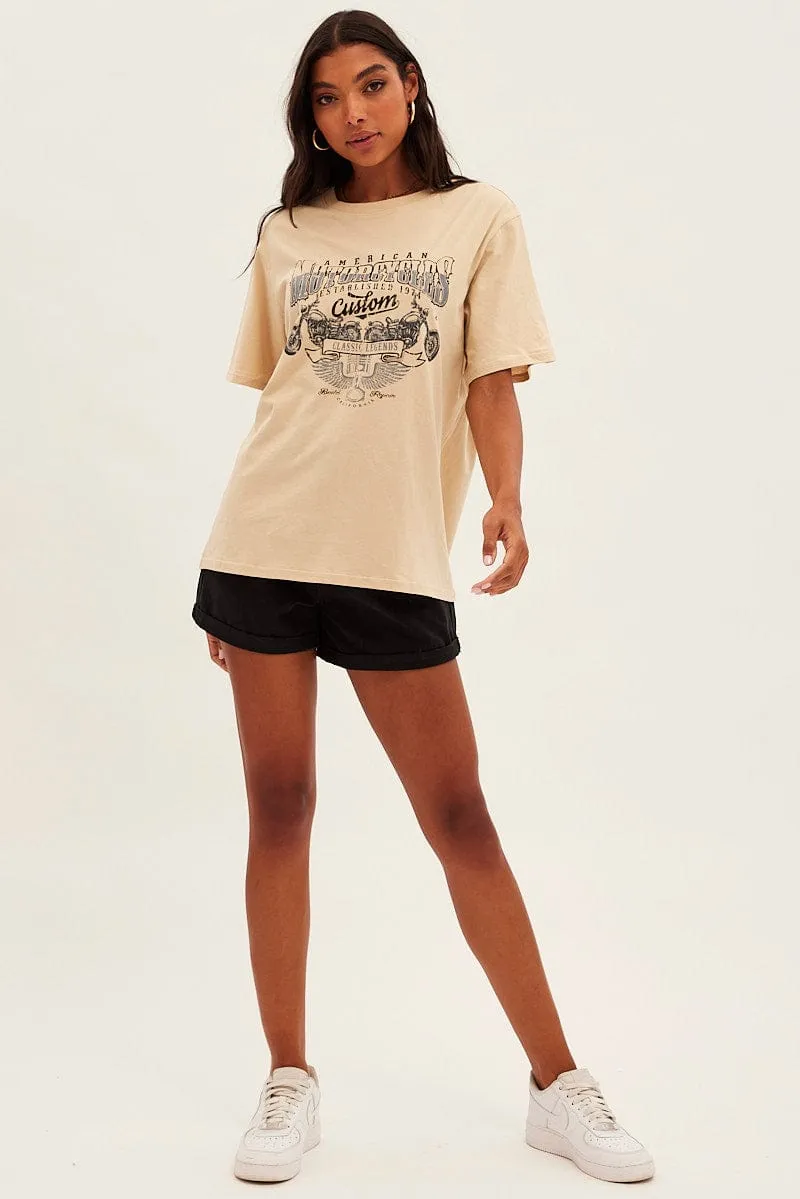 Beige Graphic Tee Short Sleeve Round Neck Cotton