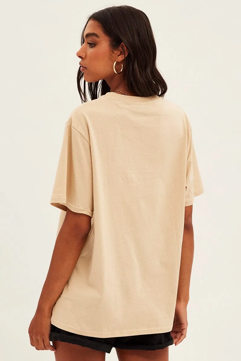 Beige Graphic Tee Short Sleeve Round Neck Cotton