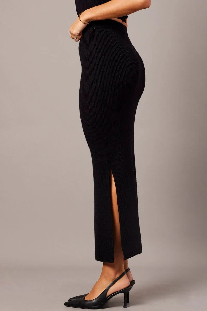 Black Knit Skirt Front Split High Rise