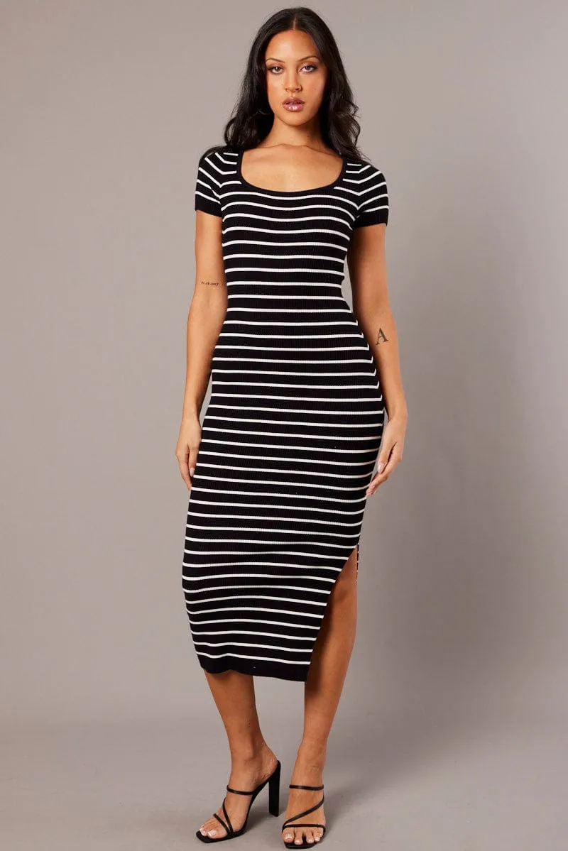 Black Stripe Knit Dress Short Sleeve Bodycon Midi