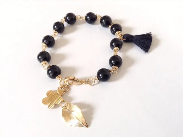 Black Tassel Boho Bracelet Gold Flower Pendant