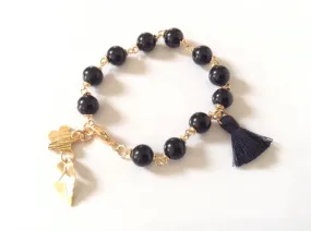 Black Tassel Boho Bracelet Gold Flower Pendant