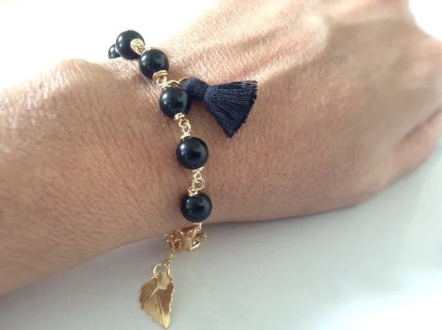 Black Tassel Boho Bracelet Gold Flower Pendant