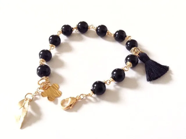 Black Tassel Boho Bracelet Gold Flower Pendant