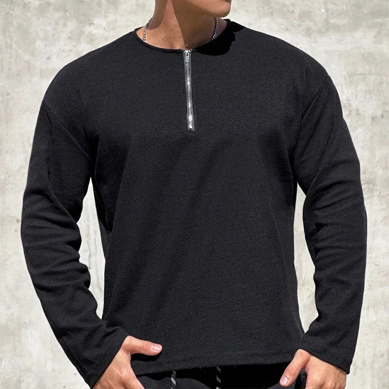 BONSIR  -  Men Clothing Casual Long Sleeve Muscle Male Pullover Simple Waffle Tops Tee t-shirt Vintage Solid Zipper Loose Gym Shirts