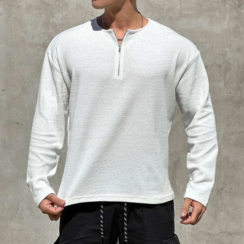 BONSIR  -  Men Clothing Casual Long Sleeve Muscle Male Pullover Simple Waffle Tops Tee t-shirt Vintage Solid Zipper Loose Gym Shirts