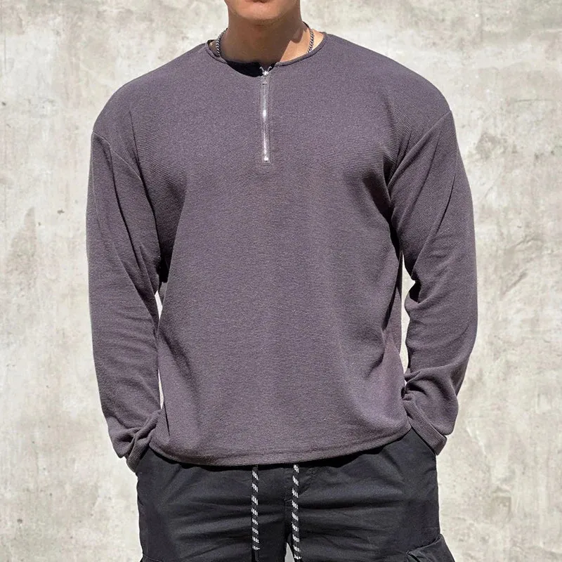 BONSIR  -  Men Clothing Casual Long Sleeve Muscle Male Pullover Simple Waffle Tops Tee t-shirt Vintage Solid Zipper Loose Gym Shirts