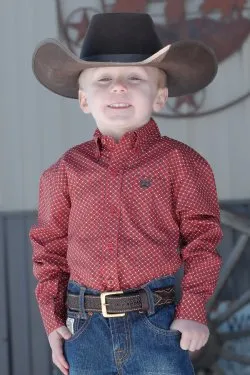 Boy's Match Dad Geometric Print Button-Down Western Shirt - Red