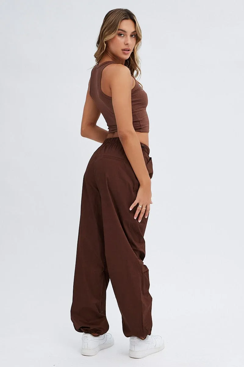 Brown Parachute Cargo Pants Low Rise