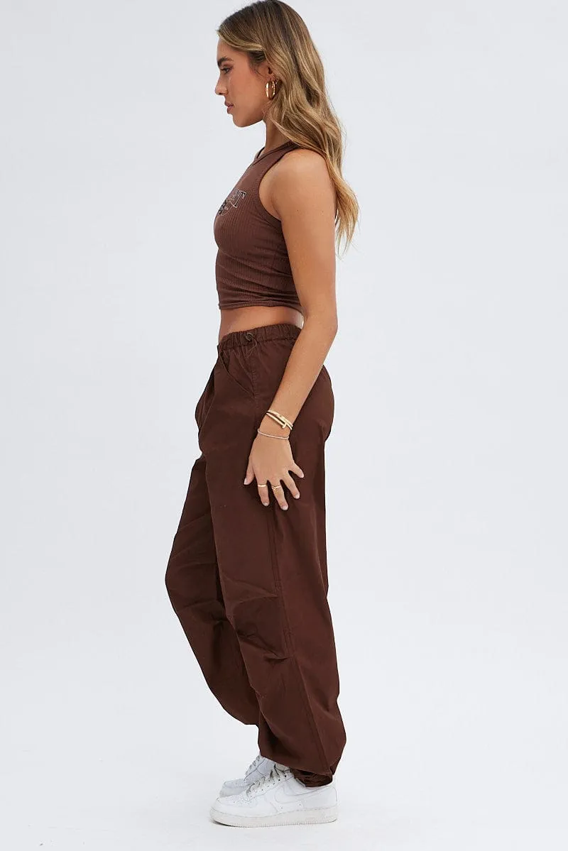 Brown Parachute Cargo Pants Low Rise