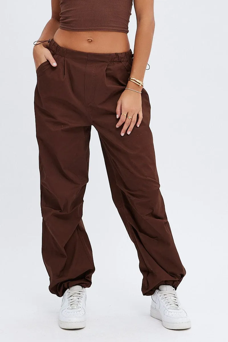 Brown Parachute Cargo Pants Low Rise