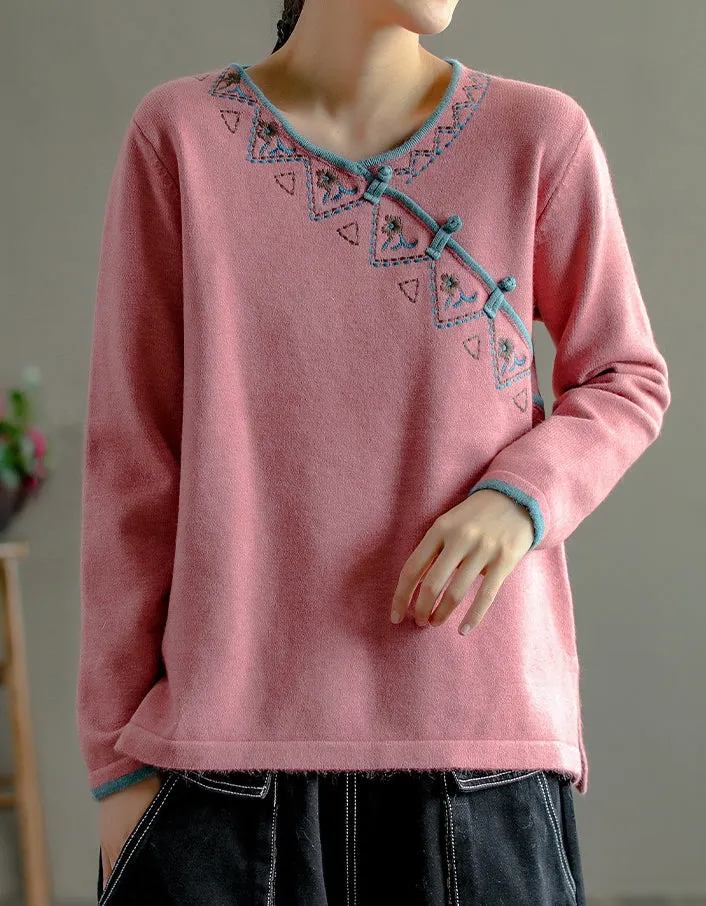 Chinese Style Neck Embroidery Knit Sweater Shirt