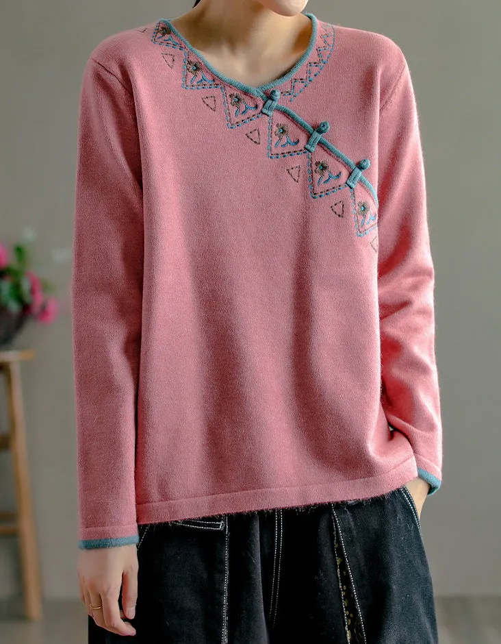 Chinese Style Neck Embroidery Knit Sweater Shirt