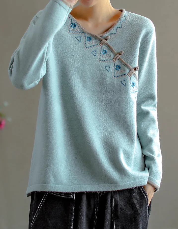 Chinese Style Neck Embroidery Knit Sweater Shirt