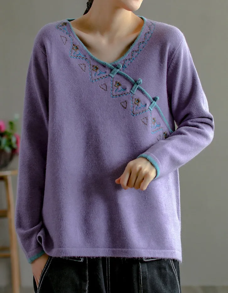 Chinese Style Neck Embroidery Knit Sweater Shirt