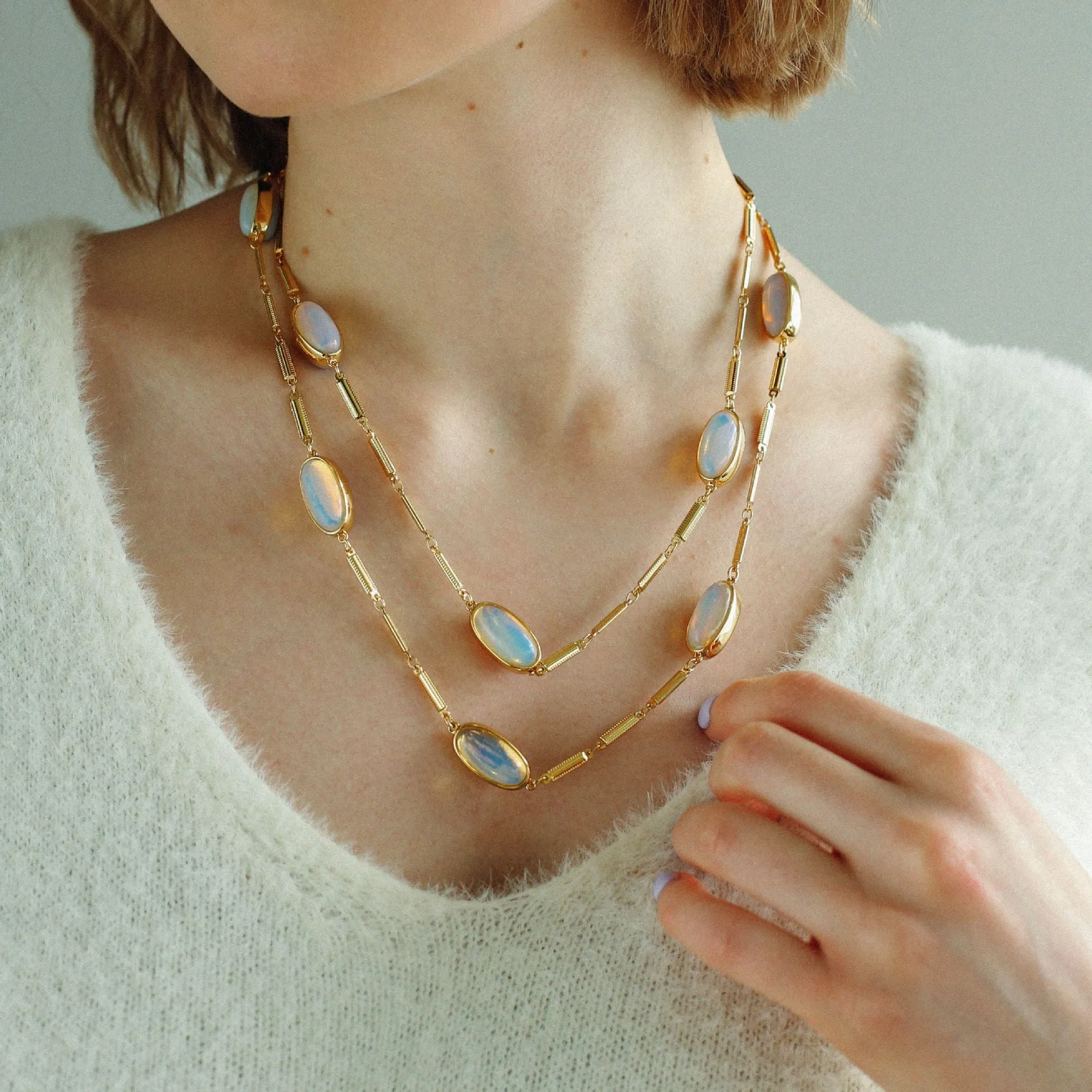 Contemporary Double-Layer Oval Opal Eye Necklace