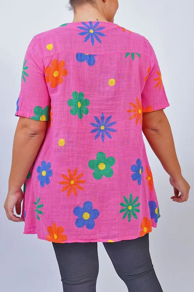 Daisy Flower Print Side Button Detail Cotton Top