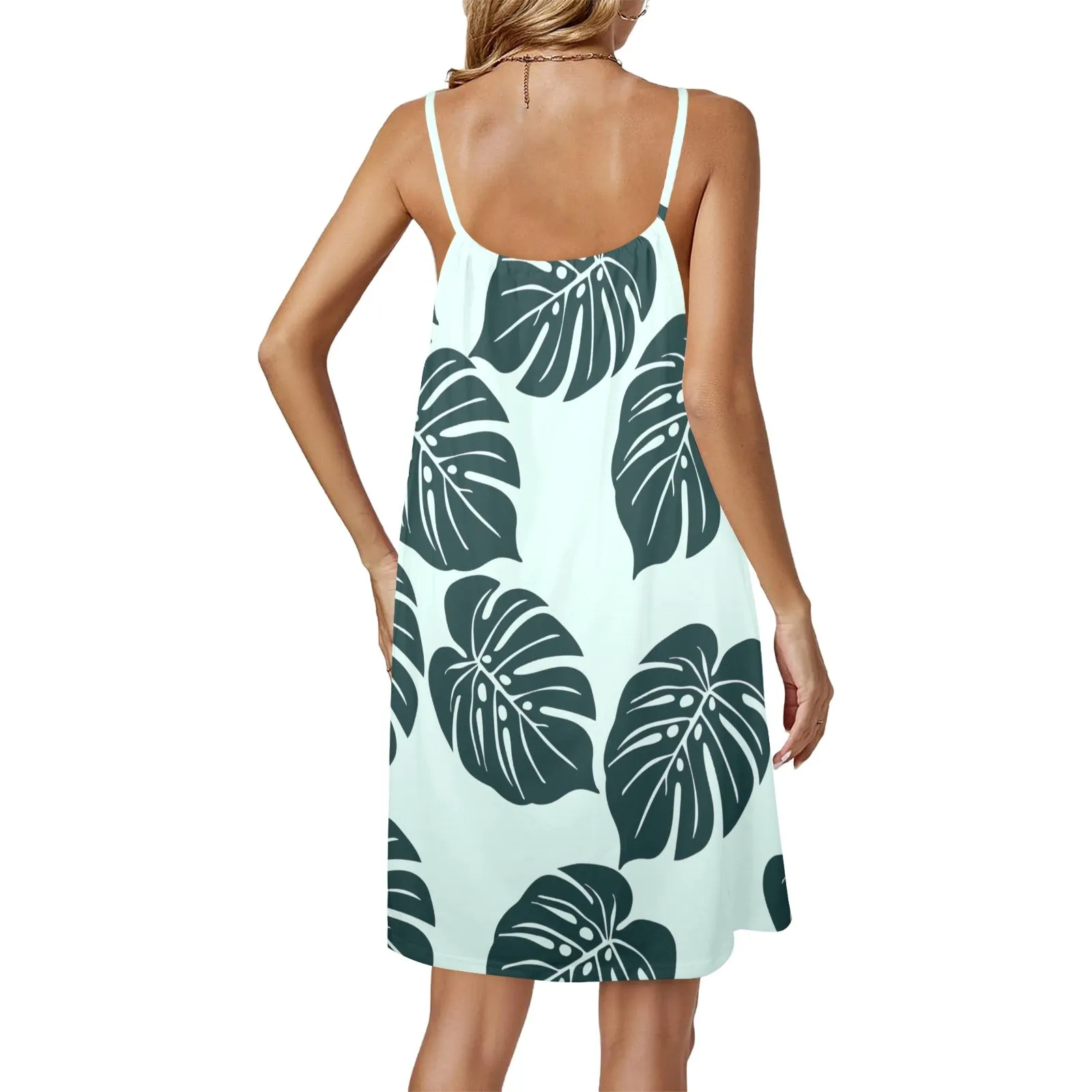 dark green light green background print Drawstring Neck Sleeveless Dress (Model D68)