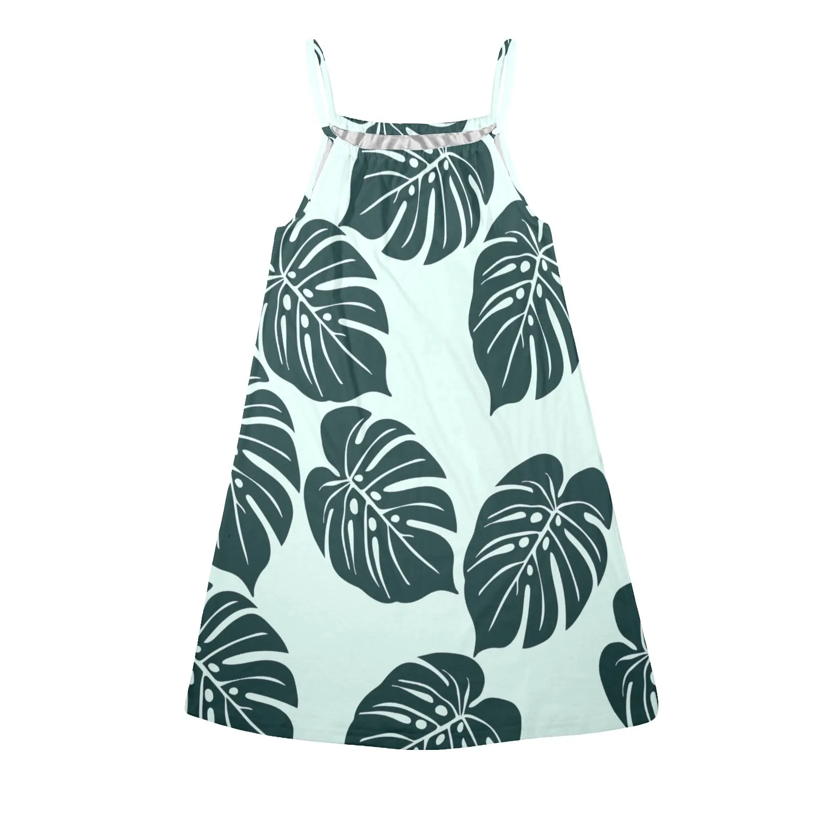 dark green light green background print Drawstring Neck Sleeveless Dress (Model D68)