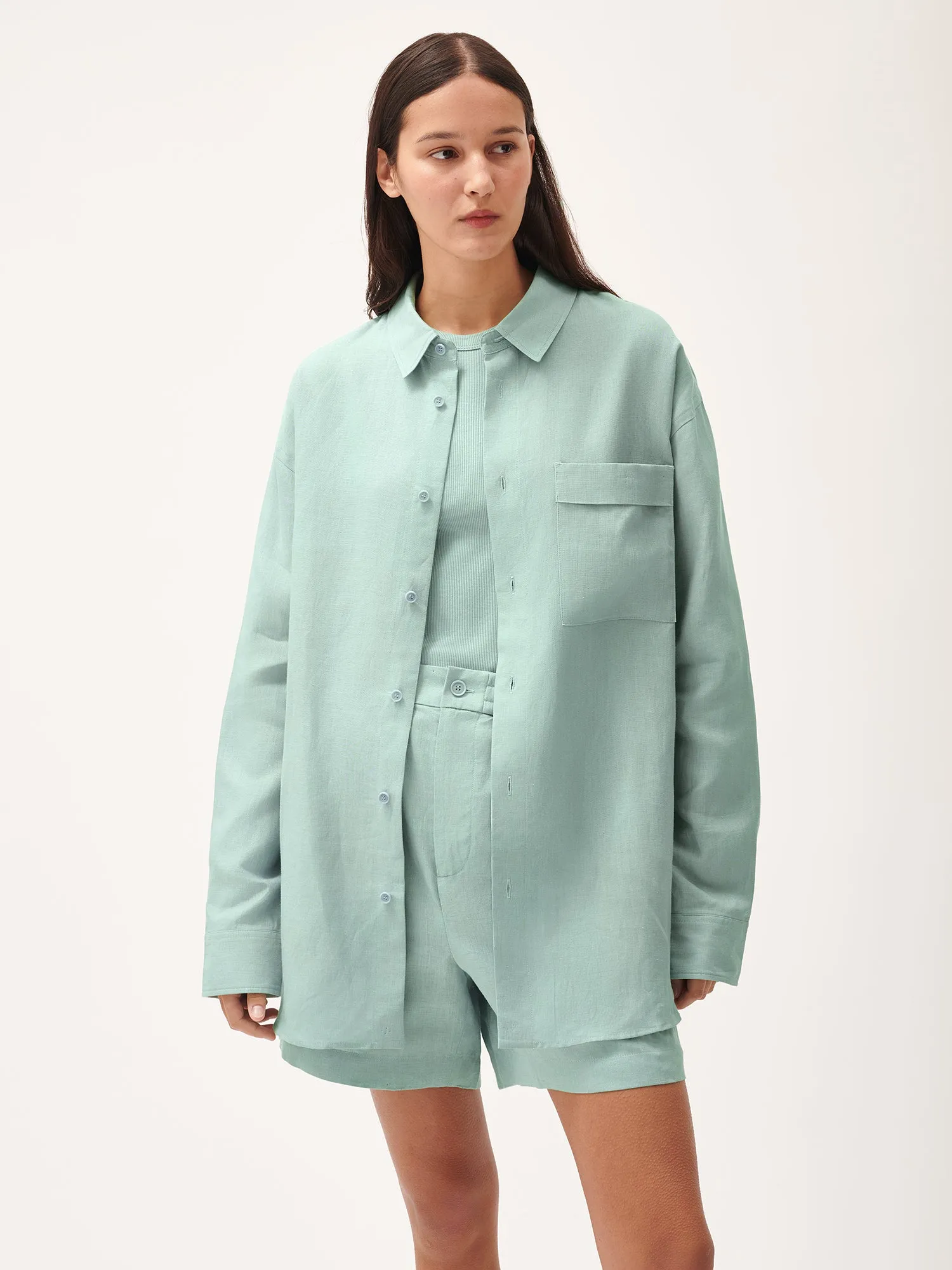 DNA Aloe Linen Collared Long Sleeve Shirt—eucalyptus blue