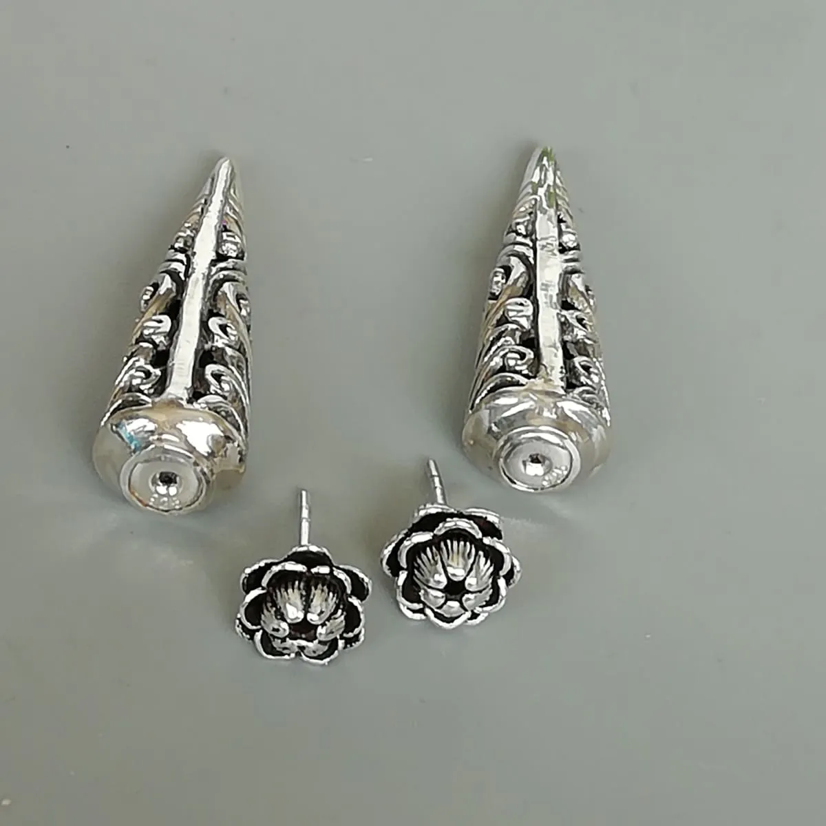 Double sided sterling silver karen tribe earrings | Filigree cone studs | Lotus studs | Ethnic jewelry | E1009