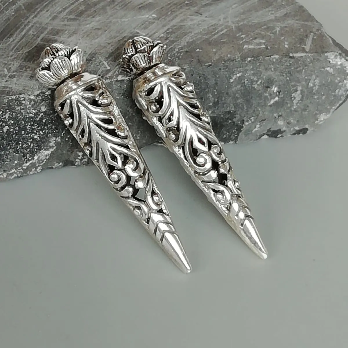 Double sided sterling silver karen tribe earrings | Filigree cone studs | Lotus studs | Ethnic jewelry | E1009