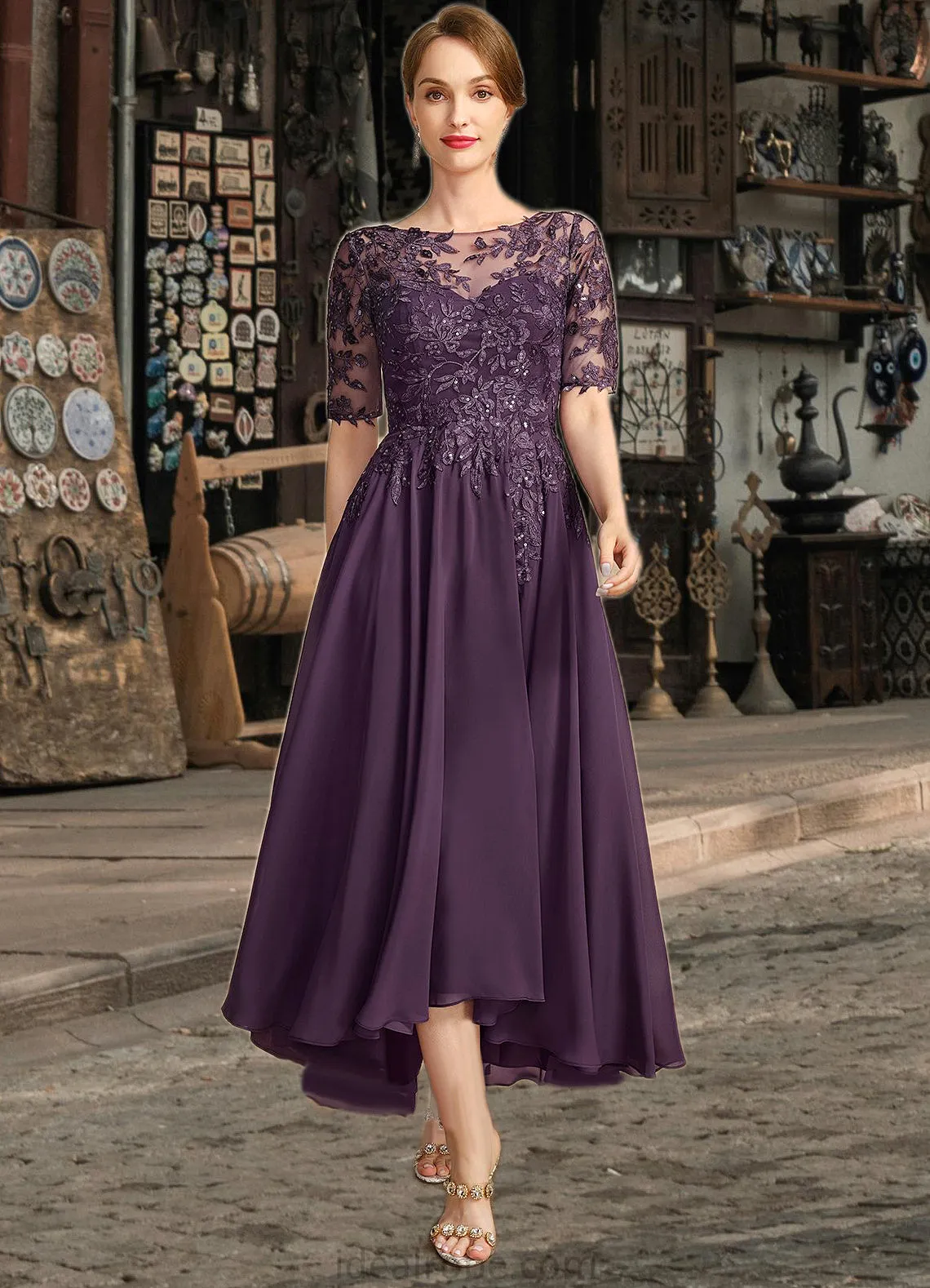 Elsa A-line Scoop Illusion Asymmetrical Chiffon Lace Mother of the Bride Dress With Sequins STKP0021630