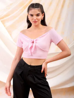 Freehand Women Pink Fitted Solid Sweetheart Neck Off Shoulder Top