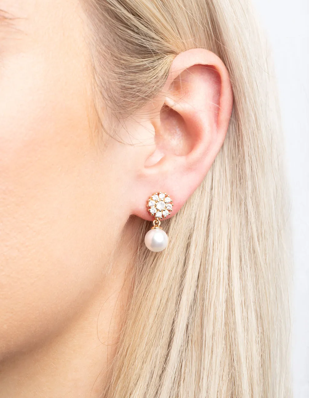 Gold Cubic Zirconia Flower & Pearl Drop Earrings