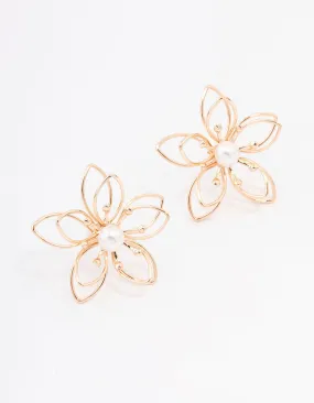 Gold Wire Pearl Flower Stud Earrings