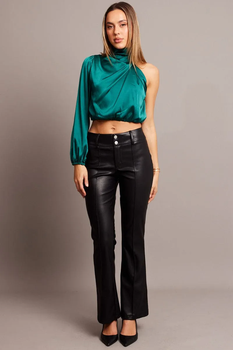 Green High Neck Blouse One Sleeve Asymmetric Top