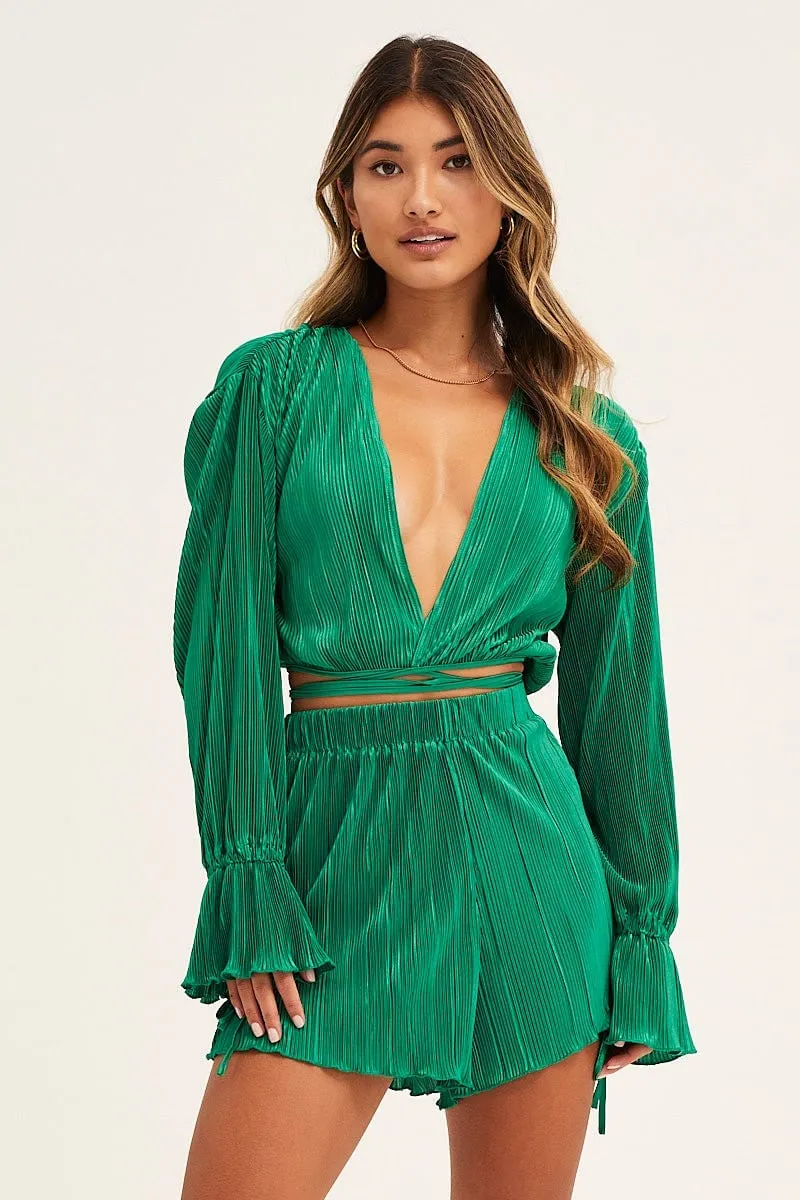 Green Plisse Wrap Top Long Sleeve Crop