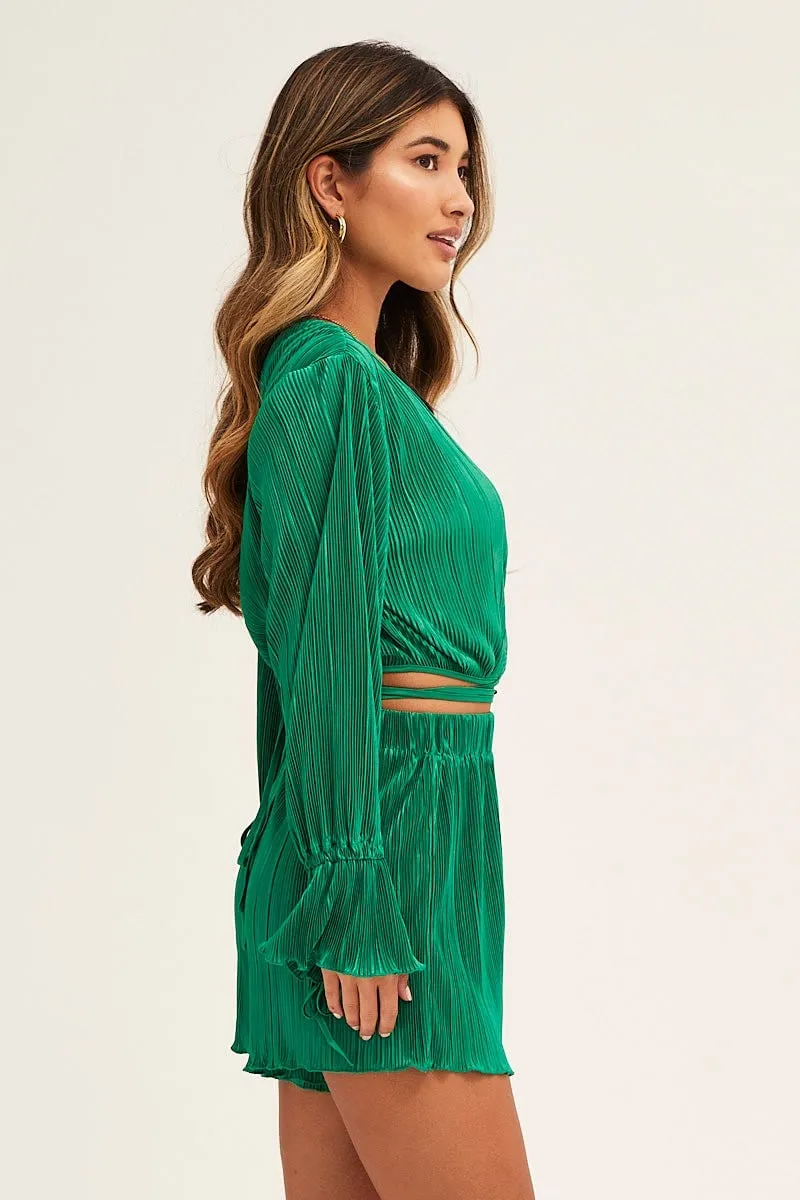 Green Plisse Wrap Top Long Sleeve Crop