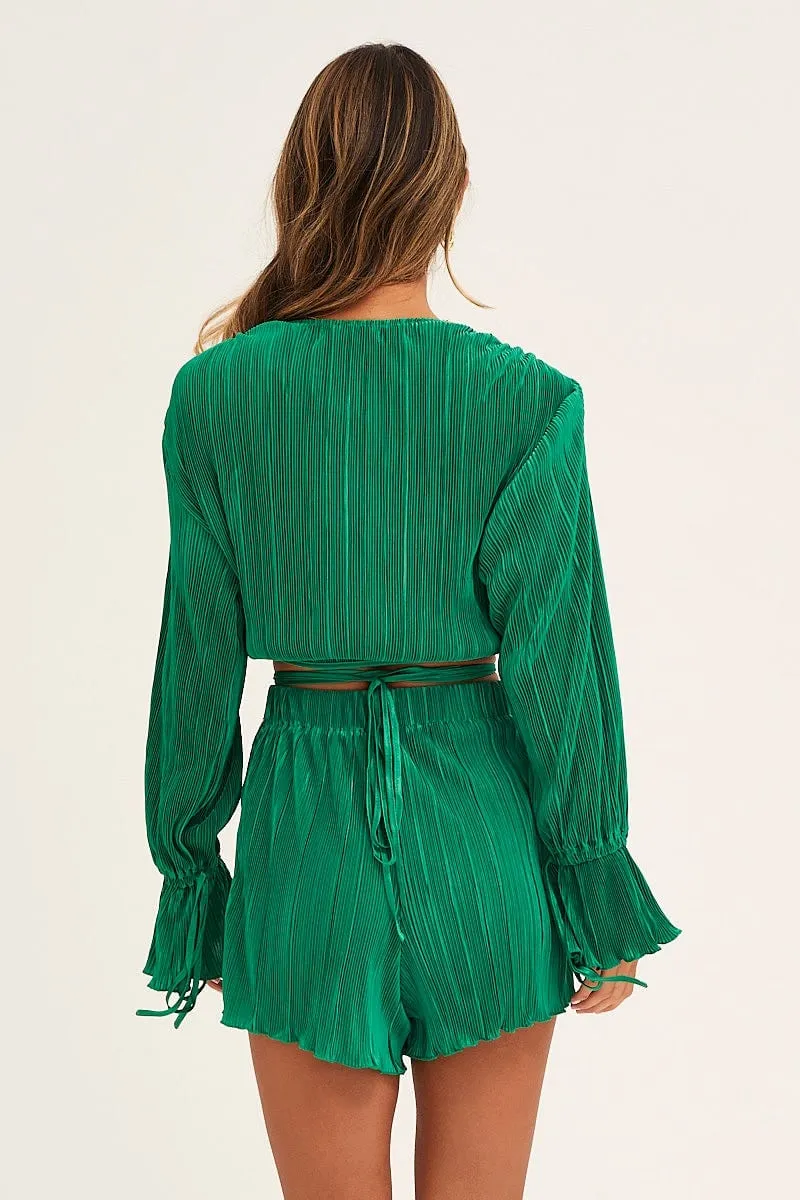 Green Plisse Wrap Top Long Sleeve Crop