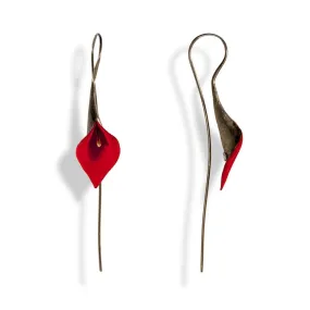 Handmade Black Plated Silver Red Lily Drop Earrings