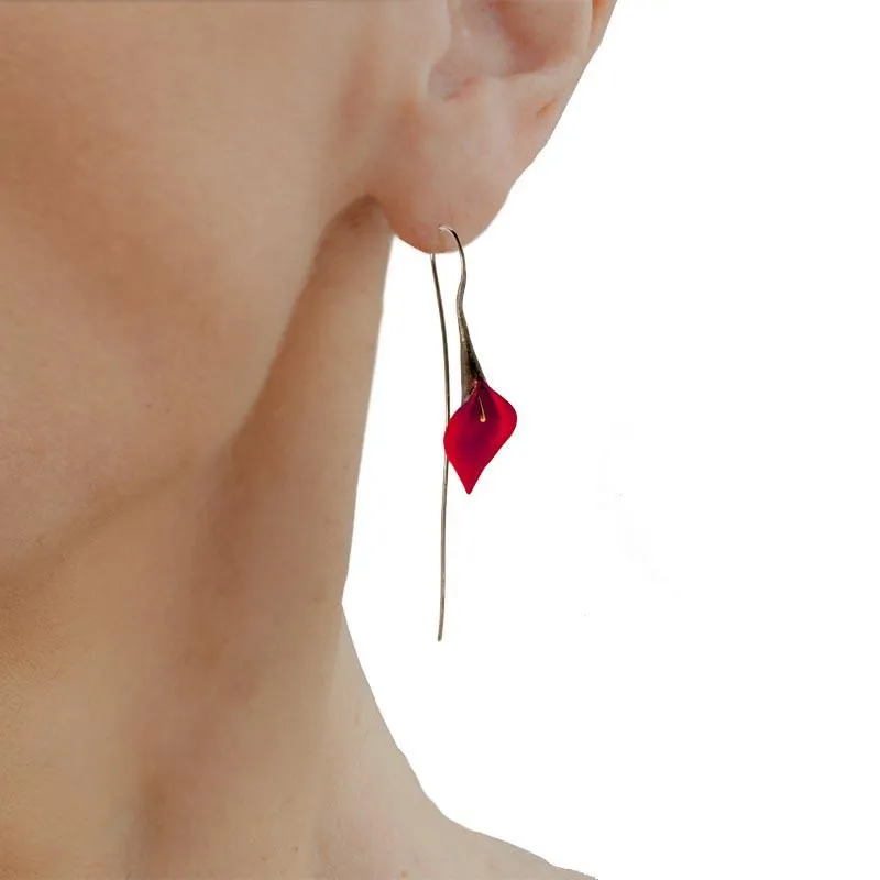 Handmade Black Plated Silver Red Lily Drop Earrings