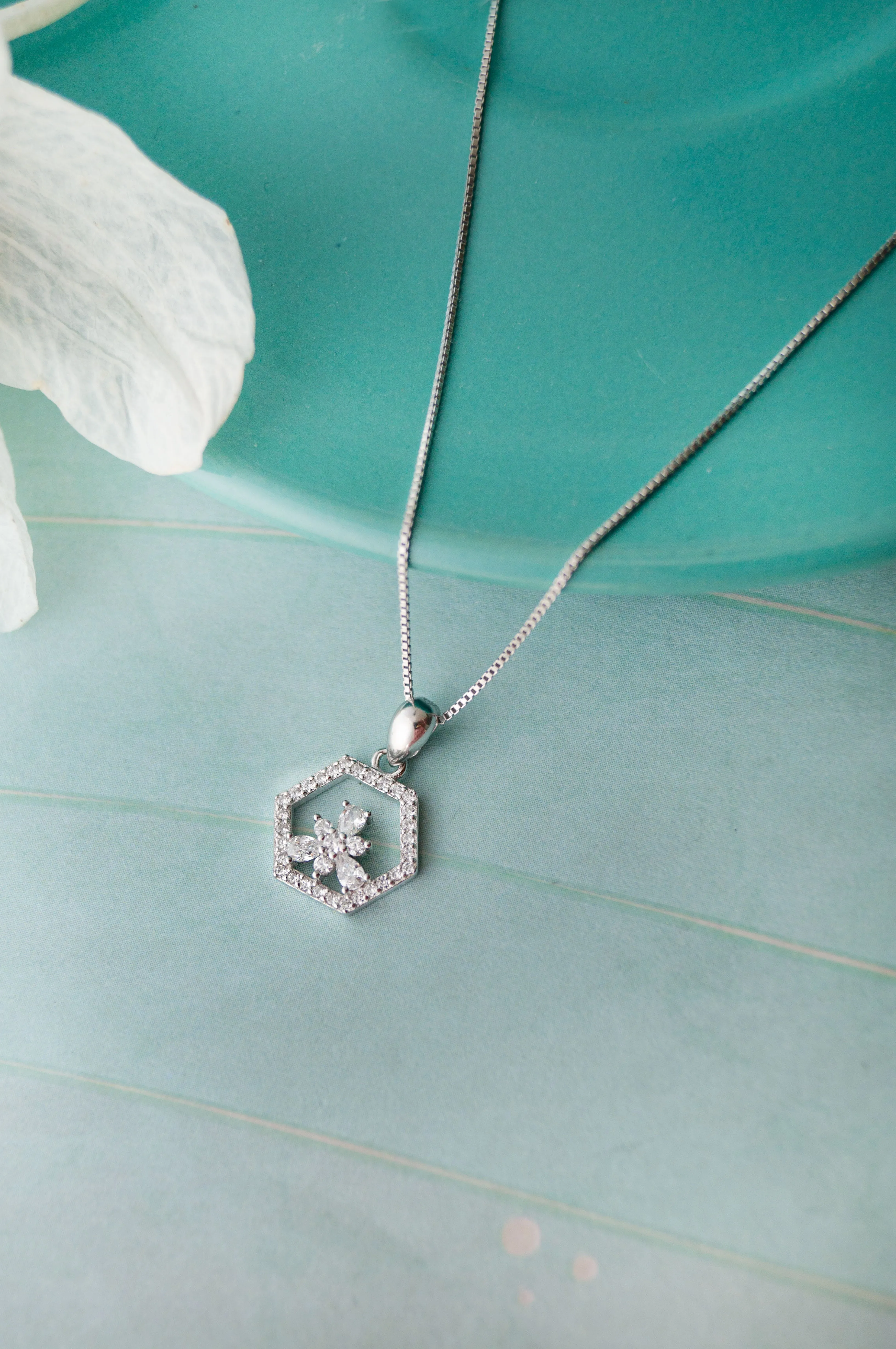 Hexagon With A Flower Sterling Silver Pendant