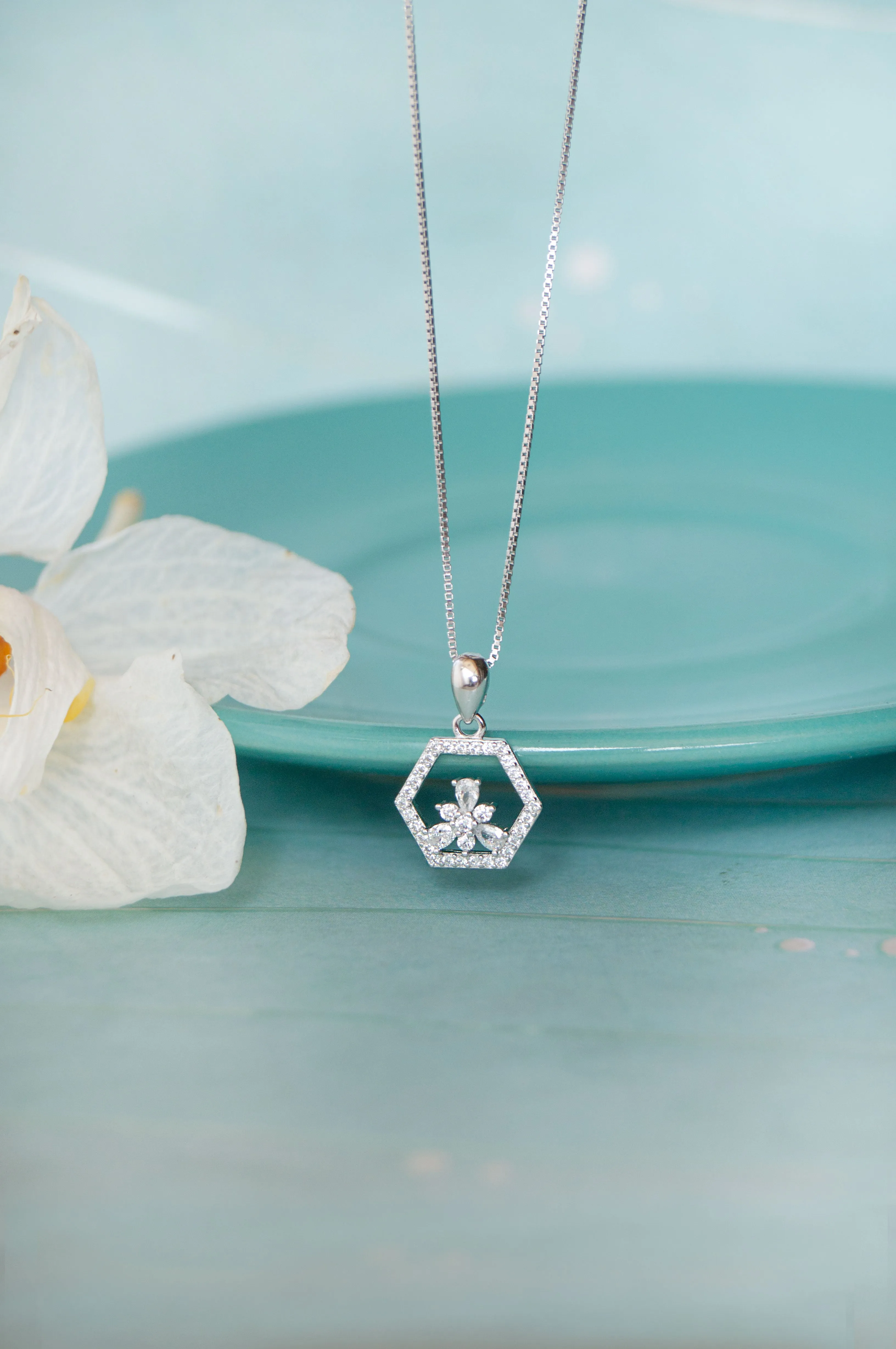 Hexagon With A Flower Sterling Silver Pendant