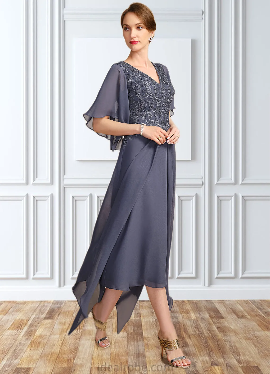 Jode A-line V-Neck Floor-Length Chiffon Lace Mother of the Bride Dress With Sequins STKP0021963