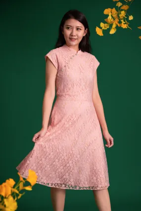 Ladies Holly Cheongsam - Pink Gold Lace