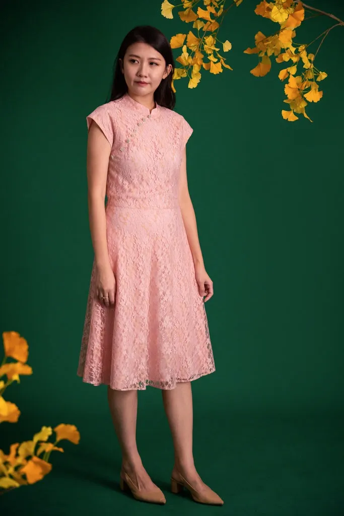 Ladies Holly Cheongsam - Pink Gold Lace